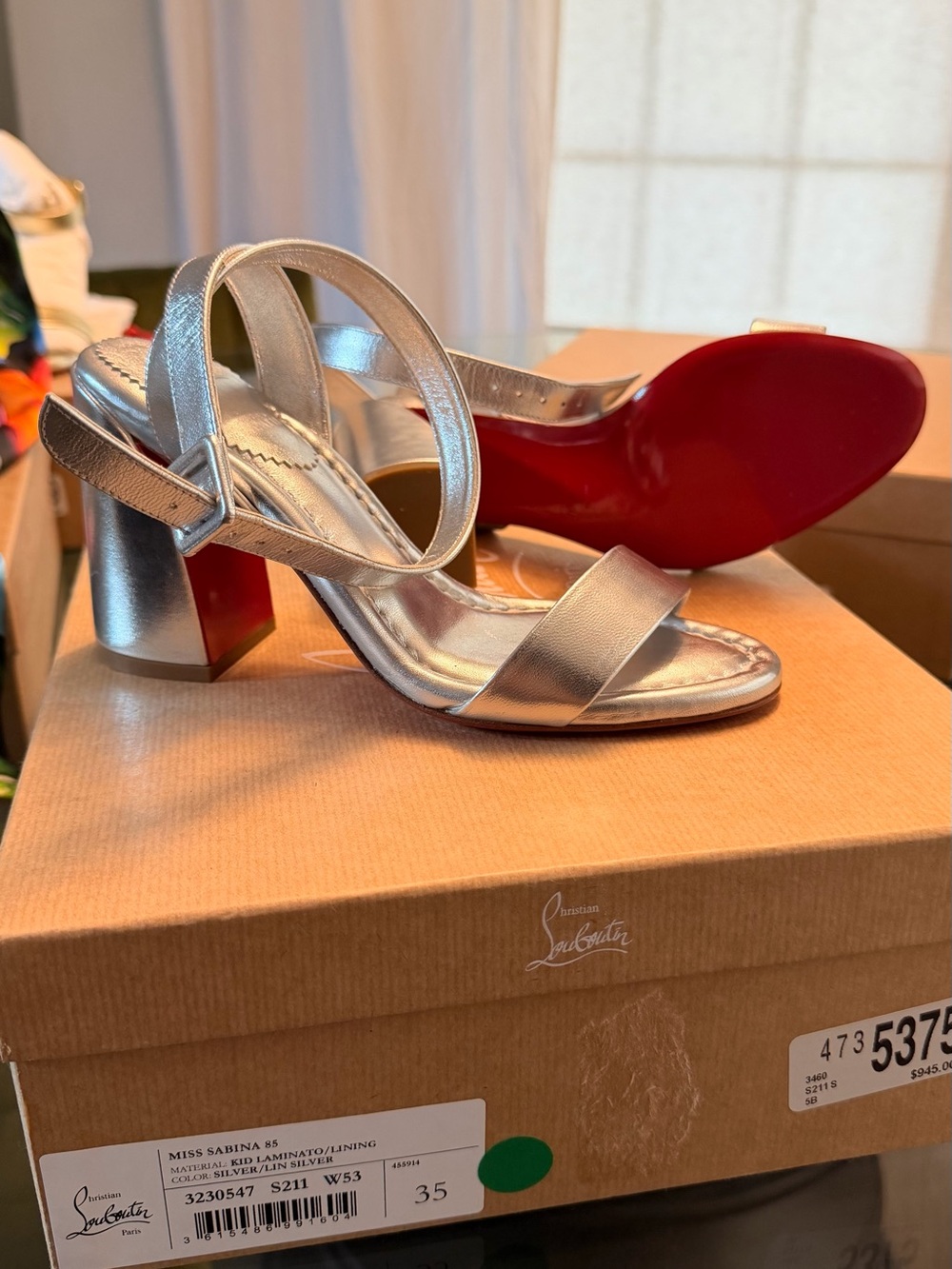 Christian Louboutin Silver Miss Jane Block Heel Sandals